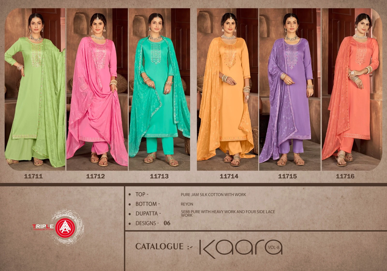 Triple Kaara Pure Jam Silk Wholesale Fancy Salwar Suit Catalog — Wholesale Salwar Suits, MPA wholesale from Surat — view 7